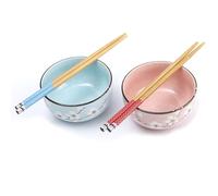 lachineuse - Coffret 2 Bols Japonais Fleurs de Cerisier Rose & Bleu ⌀ 11cm - Bols à Riz, Petit Déjeuner & Soupe - 2 Paires de Baguettes - Bol Asiatique Japon Asie - Cadeau Vaisselle Japonaise