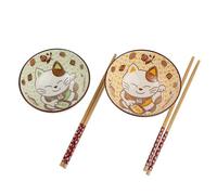 lachineuse Coffret 2 Bols Japonais - Maneki Neko - Riz Ramen - Orange Vert - Baguettes en Bois - Porcelaine - Idée Cadeau Asie