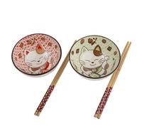 lachineuse Coffret 2 Bols Japonais - Maneki Neko - Riz Ramen - Rouge Vert - Baguettes en Bois - Porcelaine - Idée Cadeau Asie