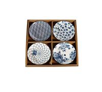 lachineuse - Coffret 4 Assiettes Japonaises - Asiettes Creuses ⌀ 17,5 cm au Style Asiatique - Coloris Bleu & Blanc - Vaisselle Japonaise Traditionnelle Zen - Idée Cadeau Japon - Design Vagues Fleurs
