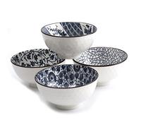 lachineuse - Coffret 4 Bols Chinois Motifs Asiatiques Bleus ⌀ 11cm - Bols à Riz, Petit Déjeuner & Soupe - Motifs Traditionnels Japonais Chinois - Bol Asiatique Japonais Asie - Cadeau Vaisselle