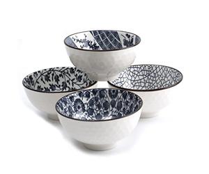 lachineuse - Coffret 4 Bols Chinois Motifs Asiatiques Bleus ⌀ 11cm - Bols à Riz, Petit Déjeuner & Soupe - Motifs Traditionnels Japonais Chinois - Bol Asiatique Japonais Asie - Cadeau Vaisselle