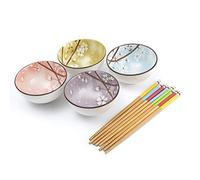 lachineuse - Coffret 4 Bols Japonais Fleurs de Cerisier Sakura ⌀ 11cm - Bols à Riz, Poke Bowl, Petit Déjeuner, Apéritif & Soupe - 4 Paires de Baguettes - Bol Asiatique Japon - Cadeau Vaisselle