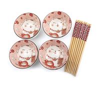 lachineuse-Coffret 4 Bols Maneki Neko-Bols à Riz, Petit Déjeuner & Apéritif | Diamètre 11 cm - Vaisselle Japonaise en Porcelaine - Avec Baguettes - Chat Porte Bonheur - Cadeau Japonais Kawaii Japon