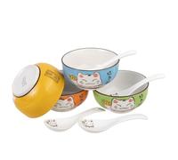 lachineuse - Coffret Bols Japonais Design Maneki Neko - 4 Bols à Riz Traditionnels et Cuillères - Chat Nippon Porte-Bonheur - Multicolore - Décoration Japonaise - Idée Cadeau Japon Asie