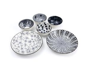 lachineuse - Coffret Repas Japonais - 2 Asiettes Creuses ⌀ 21 cm & 4 Bols à Riz ⌀ 11,5 cm - Style Asiatique Fleurs - Coloris Bleu & Blanc - Vaisselle Japonaise Traditionnelle Zen - Idée Cadeau Japon