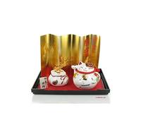 lachineuse - Ensemble Maneki Neko - Déco Japonaise - Le Chat Porte-Bonheur Japonais et Son Sac de Fortune - Porcelaine - Ambiance du Japon - Idée Cadeau Déco Japon Asie