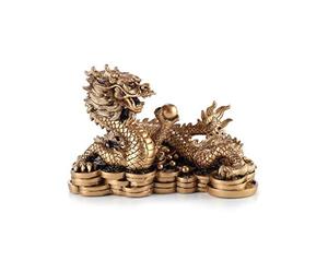 lachineuse - Figurine Grand Dragon Feng Shui - Statuette Dragon sur Sapèques - 14 x 21 x 11,5 cm - Symbole de Puissance, Force & Longévité - Décoration Asiatique Chinoise - Coloris Doré