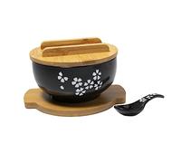 lachineuse - Grand Bol Asiatique en Porcelaine - Soupe & Nouilles - Teinte Noire ⌀ 16 cm - Style Japonais Sakura - Contenance 1000 ml - Cuillère, Baguettes & Support - Déco Cadeau Vaisselle Japonaise