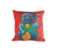 lachineuse - Housse de Coussin Maneki Neko - Motif Porte-Bonheur Japonais - 44 x 44 cm - Coton & Lin - Orangé, Bleu Gris - Ambiance Zen - Déco d'Asie - Maison, Bureau - Idée Cadeau Chine, Asie