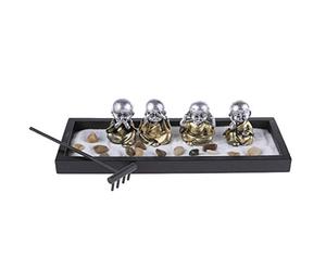 lachineuse - Jardin Zen Japonais 4 Bonzes - Décoration Zen - Jardin Miniature avec Sable - pour Intérieur Maison Bureau - Idée Cadeau Japon - Déco Asie