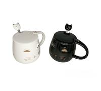 lachineuse - Lot de 2 Tasses Chat Kawaii 450ml - Mug Chat avec Couvercle & Cuillère - Coloris Noir & Blanc en Céramique - Mug à Infusion, Thé, Café - Tasse Originale Japonaise - Idée Cadeau Japon Asie