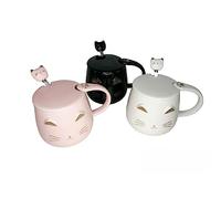 lachineuse - Lot de 3 Tasses Chat Kawaii 450ml - Mug Chat avec Couvercle & Cuillère - Coloris Noir, Blanc & Rose en Céramique - Mug à Infusion, Thé, Café - Tasse Originale Idée Cadeau Japon Asie