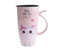 lachineuse - Mug Chat Kawaii Mignon 300ml - Grand Mug XXL Rose en Porcelaine - Mug Japonais à Thé & Café - Avec Couvercle Isotherme - Lucky Cat - Tasse Idée Cadeau Japon Asie - Mug Géant