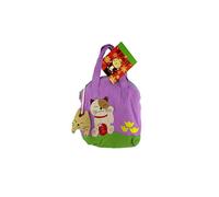 lachineuse - Sac à Main - Design Japonais - Chat Maneki Neko - Porte-Bonheur Traditionnel Nippon - Sac en Coton - 19 x 18 cm - Mauve, Vert - Idée Cadeau Japon Asie