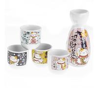lachineuse - Service à Saké Chat Maneki Neko - avec 4 Bols & Carafe - Verres à Saké Japonais - Cadeau Vaisselle Asiatique - Service Saké Traditionnel Porcelaine Japon - Chat Japonais Porte-Bonheur