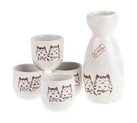 lachineuse - Service à Saké Chats Japonais - avec 4 Bols & Carafe - Verres à Saké Japonais Kawaii - Cadeau Vaisselle Asiatique - Service Saké Traditionnel Porcelaine Japon - Chat Maneki Neko - Blanc