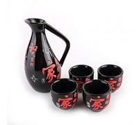 lachineuse - Service à Saké Sakura - Fleurs de Cerisier - avec 4 Bols & Carafe - Verres à Saké Japonais - Cadeau Vaisselle Asiatique - Service Saké Traditionnel Porcelaine Floral Japon - Noir & Rouge