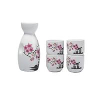 lachineuse - Service à Sake Traditionnel - Pagode et Fleurs de Cerisier - avec 4 Bols & Carafe - Cadeau Vaisselle Asiatique - Service Saké Traditionnel Porcelaine Japon - Idée Cadeau Asie