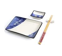 lachineuse - Service à Sushi Japonais - Assiettes, Baguettes & Sauciers pour 1 Personne - Coloris Blanc & Bleu - En Porcelaine - Motif Fleurs Sakura - Coffret Idée Cadeau Japon - Vaisselle Japonaise
