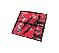 lachineuse - Service à Sushi Japonais Traditionnel Rouge - Assiettes, Baguettes & Sauciers pour 2 Personnes - En Porcelaine - Motif Fleurs de Cerisier - Coffret Idée Cadeau Japon - Vaisselle Japonaise