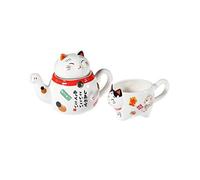 lachineuse - Service à Thé Japonais Maneki Neko - Avec Théière & Tasse en Porcelaine - Théière avec Filtre Infuseur - Idée Cadeau Japon Chat Kawaii Mignon pour Anniversaire, Noël - Vaisselle Asiatique