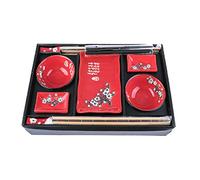 lachineuse - Service de Table Japonais Rouge Fleurs de Cerisier - Vaisselle Japonaise Traditionnelle - Bols à Riz, Assiettes, Baguettes, Sauciers & Nattes Bambou pour 2 Personnes - Cadeau Japon Asie