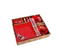lachineuse - Service de Table Japonais Rouge - Vaisselle Japonaise Traditionnelle - Bols à Riz, Assiettes, Baguettes & Sauciers pour 2 Personnes - Cadeau Japon - Décoration de Table Asiatique