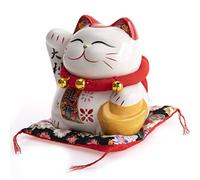 lachineuse - Statuette Chat Japonais - Tirelire Maneki Neko - Chat Porte Bonheur - Spécial Fortune - Motifs Japonais - en Porcelaine - 12x13x11 cm - Coloris Blanc - Idée Cadeau Japon Asie