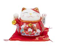 lachineuse - Statuette Chat Maneki Neko - Symbole Fortune - Bras Mobile - Porte Bonheur Traditionnel Japonais - 10x12x10 cm - Porcelaine, Rouge - Pile LR03 Non Inclus