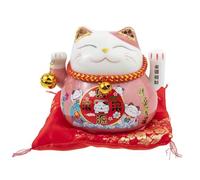 lachineuse - Statuette Chat Maneki Neko - Symbole Fortune - Bras Mobile - Porte Bonheur Traditionnel Japonais - 10x12x10 cm - Porcelaine, Rose - Pile LR03 Non Inclus