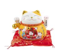 lachineuse - Statuette Chat Maneki Neko - Symbole Fortune - Bras Mobile - Porte Bonheur Traditionnel Japonais - 10x12x10 cm - Porcelaine, Jaune - Pile LR03 Non Inclus