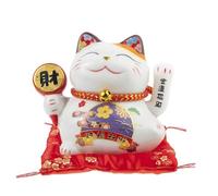 lachineuse - Statuette Chat Maneki Neko - Symbole Fortune et Chance - Bras Mobile - Porte Bonheur Traditionnel Japonais - 12x14x10 cm - Porcelaine, Blanc - Fonctionne avec Pile LR03 Non Inclus