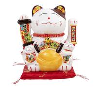 lachineuse - Statuette Chat Maneki Neko - Symbole Fortune et Richesse - Bras Mobile - Porte Bonheur Traditionnel Japonais - 17x17x12 cm - Porcelaine et Plastique, Multicolore - Piles LR03 Non Inclus