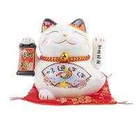 lachineuse - Statuette Chat Maneki Neko - Symbole Richesse et Bonheur - Bras Mobile - Porte Bonheur Japonais Traditionnel - 12x14x10 cm - Blanc, Porcelaine - Fonctionne avec Pile LR03 Non Inclus