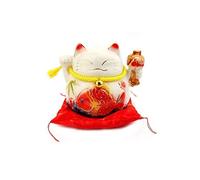 lachineuse - Statuette Maneki Neko Motif Relief - Symbole Fortune dans la Maison - Chat Japonais Porte-Bonheur - Déco Poissons - Porcelaine - 15,5 x 18 x 15 cm - Blanc - Idée Cadeau Japon Asie