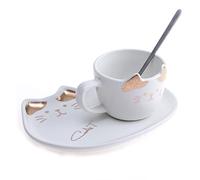 lachineuse - Tasse Chat - Design Kawaii - Support Chat et Cuillère - Blanc et Doré - Porte-Bonheur du Japon - Culture Nipponne - Décoration Japonaise - Idée Cadeau Japon Asie