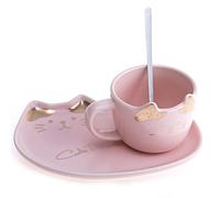 lachineuse - Tasse Chat - Design Kawaii - Support Chat et Cuillère - Rose et Doré - Porte-Bonheur du Japon - Culture Nipponne - Décoration Japonaise - Idée Cadeau Japon Asie