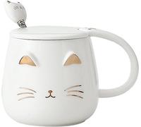 lachineuse - Tasse Chat Kawaii 450ml - Mug Chat avec Couvercle & Cuillère - Coloris Blanc & Or en Céramique - Mug à Infusion Thé Café - Tasse Originale Japonaise - Idée Cadeau Japon Asie Kitty Mignon