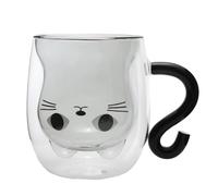lachineuse - Tasse Chat Kawaii Noir - Verre Double Paroi - Anse Queue de Chat - Contenance 300 ml - Tasse Café, Thé, Chocolat Chaud, Cappuccino - Mug Déco Japonaise - Idée Cadeau Japon Asie