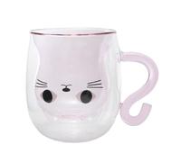 lachineuse - Tasse Chat Kawaii Rose - Verre Double Paroi - Anse Queue de Chat - Contenance 300 ml - Tasse Café, Thé, Chocolat Chaud, Cappuccino - Mug Déco Japonaise - Idée Cadeau Japon Asie