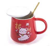 lachineuse - Tasse Chat Maneki Neko 250ml - Mug Rouge en Porcelaine avec Couvercle & Cuillère - Mug Japonais Original à Thé & Café - Chat Japonais Kawaii Lucky Cat - Idée Cadeau Japon Asie