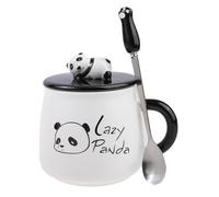 Lachineuse TASSE COLLECTION PANDA - PANDA PARESSEUX - Avec Couvercle et Cuillère - Contenance : 425 ml - Porcelaine, Métal - Noir, Blanc - Café, Thé, Chocolat - Idée Cadeau Japon Asie