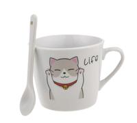lachineuse - Tasse en Porcelaine Chat Happy & sa Cuillère - Chat Bras Levés - Collection Life - 200 ml - Petit Déj & Pause Détente - Café, Thé, Chocolat Chaud - Idée Cadeau Asie, Chine, Japon - Blanc