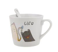 lachineuse - Tasse en Porcelaine Chat Happy & sa Cuillère - Les 2 Chats - Collection Life - 200 ml - Petit Déj & Pause Détente - Café, Thé, Chocolat Chaud - Idée Cadeau Asie, Chine, Japon - Blanc