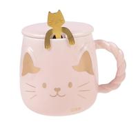 lachineuse - Tasse en Porcelaine Chat Japonais - Avec Couvercle & Cuillère - 425 ml - Petit Déj & Pause Détente - Café, Thé, Chocolat Chaud - Idée Cadeau Asie, Chine, Japon - Colori Rose et Doré