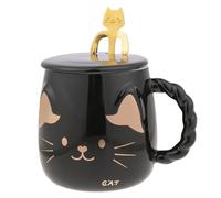 lachineuse - Tasse en Porcelaine Chat Japonais - Avec Couvercle & Cuillère - 425 ml - Petit Déj & Pause Détente - Café, Thé, Chocolat Chaud - Idée Cadeau Asie, Chine, Japon - Colori Noir et Doré