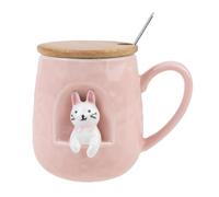 lachineuse - Tasse Lapin - Relief 3D - Funny Bunny - Porcelaine, Bois, Métal - 380 ML - Avec Couvercle et Cuillère - Mug Café, Thé, Chocolat, Cappuccino - Idée Cadeau Originale