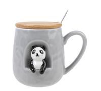 lachineuse - Tasse Panda - Relief 3D - Little Panda - Porcelaine, Bois, Métal - 380 ML - Avec Couvercle et Cuillère - Mug Café, Thé, Chocolat, Cappuccino - Idée Cadeau Originale