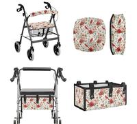 LACIYISON Cardinal Ensemble d'accessoires de déambulateur imprimé rose, housse de coussin universelle pour déambulateur, protection de dossier, sac de grande capacité sous le siège pour personnes